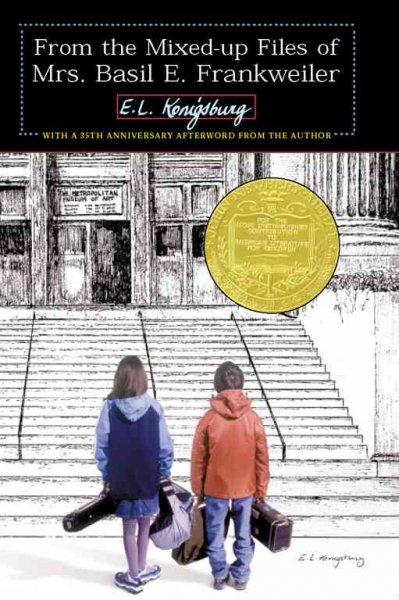 From the Mixed up Files of Mrs. Basil E. Frankweiler book cover. Two children with overnight bags and instrument cases walking into the Metropolitan museum of art in New York.